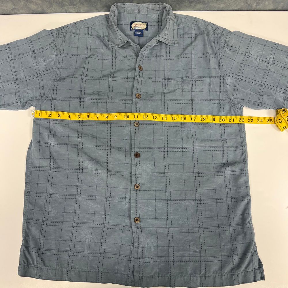 Porcini Silk Blue Plaid Short Sleeve Button Down Casual Camp Collar Shirt Sz M - Picture 8 of 8